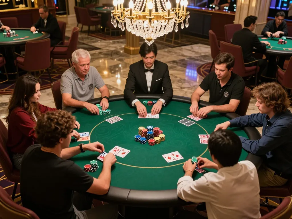 Permainan poker taruhan tinggi yang menarik di kasino mewah menampilkan pemain 88Pulsa dalam aksi.