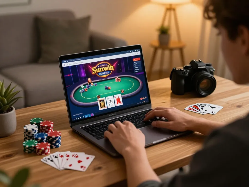 Player engaging with the sunwin casino interface during an online gaming session, showcasing interactive poker graphics.