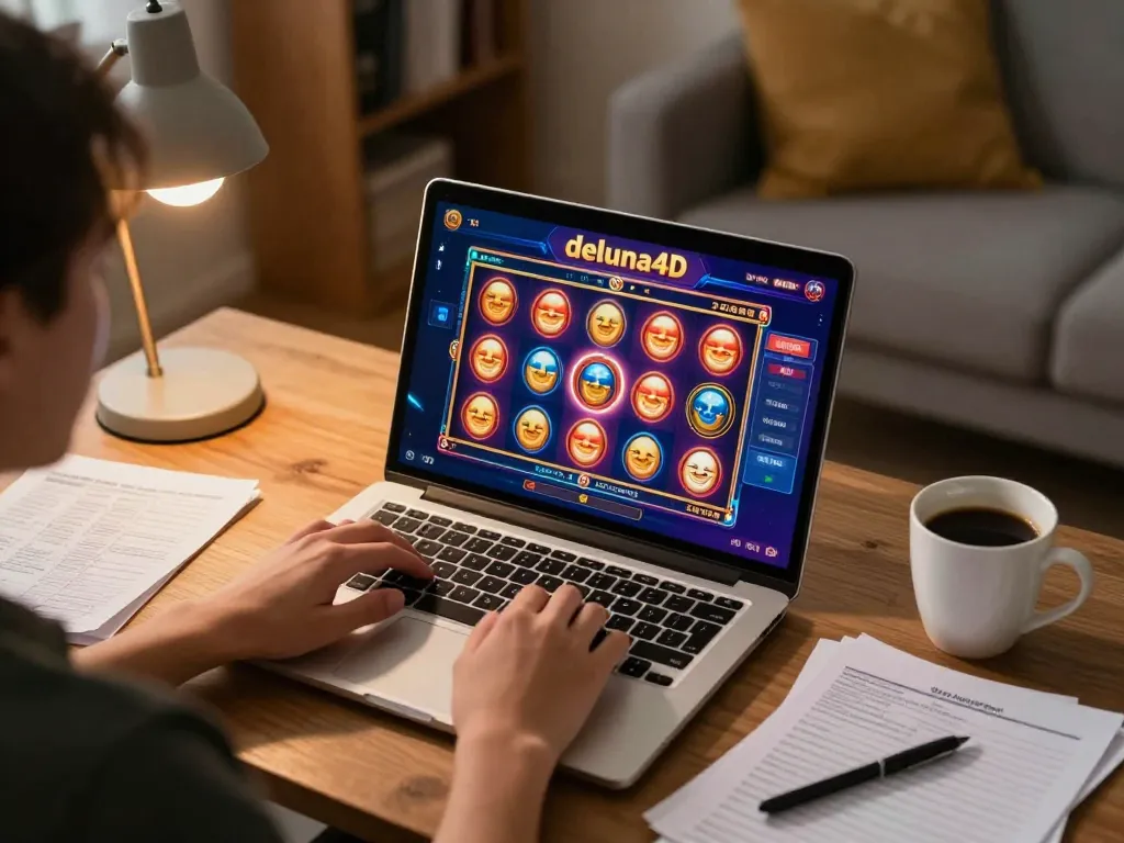 Gambaran menarik tentang permainan di rumah dengan permainan slot deluna4d di layar dan pemain yang menjadi fokus.