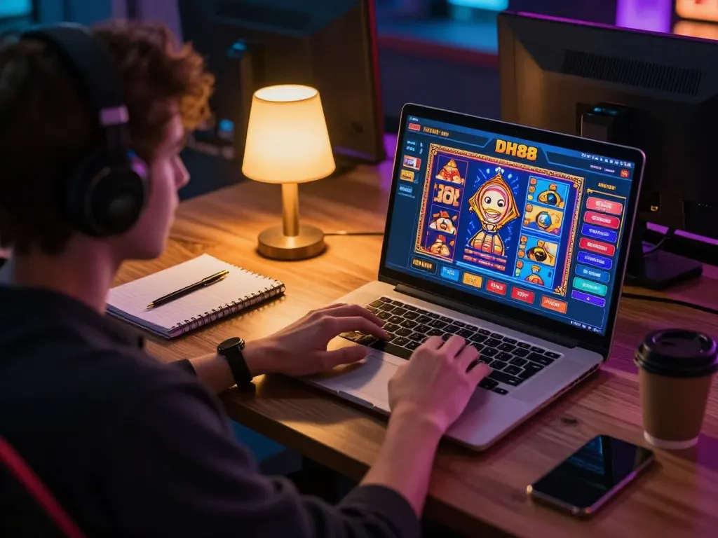 The user enjoys online gambling at DH88, engaging with interactive games on a laptop.