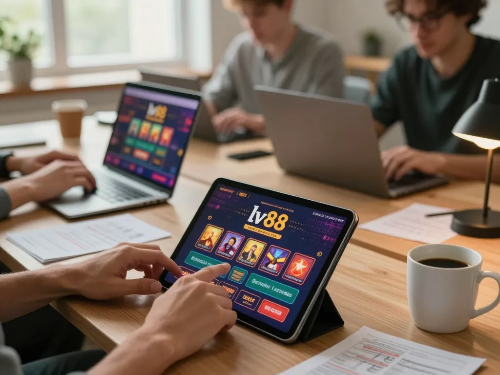 Players engaging in lv88 online casino games on tablets, highlighting modern gaming at home.