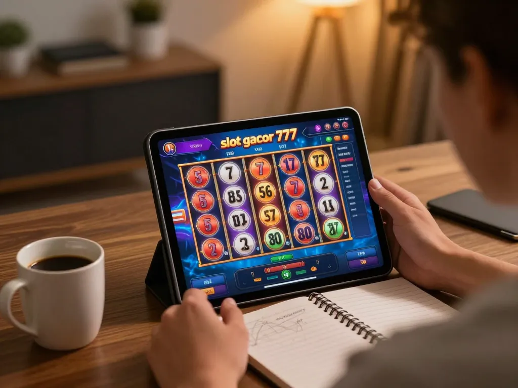 Engaging with slot gacor 777 on a tablet in a cozy home setting, showcasing dynamic gameplay experience.