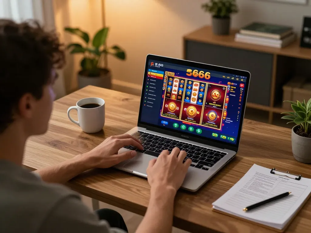 Player enjoying s666 online casino gaming on laptop with vibrant graphics and cozy home setup
