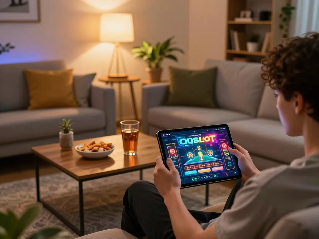 Engaging with QQSLOT app for exciting online casino experience, showcasing relaxed gaming atmosphere.