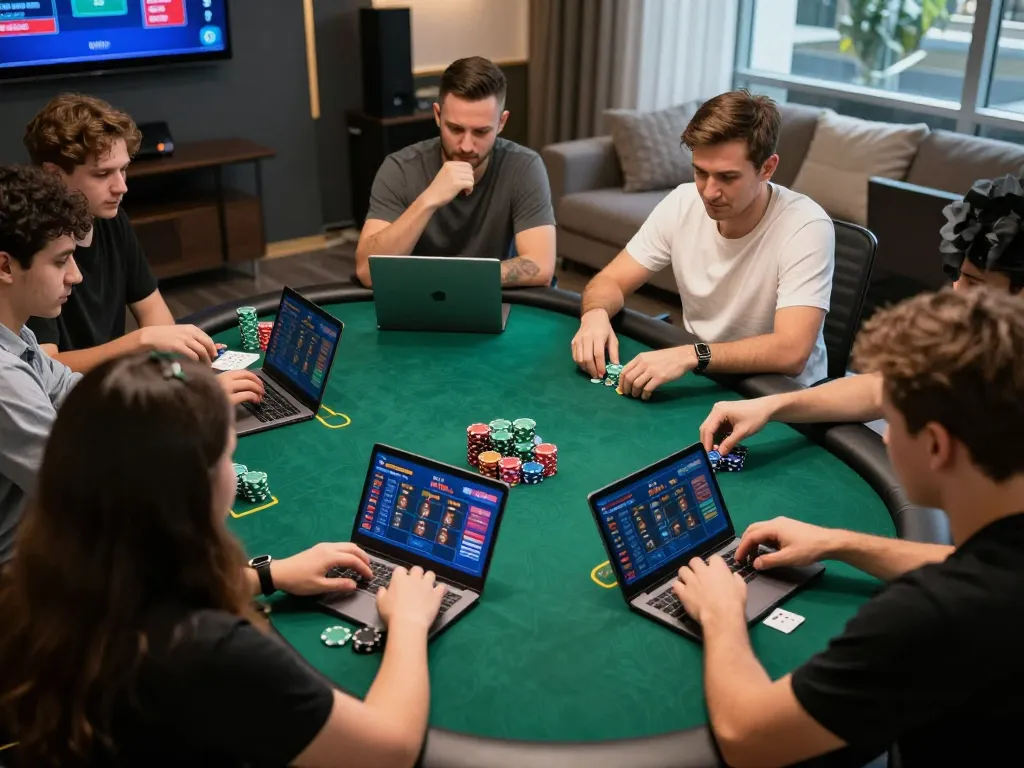 Engaged players strategizing their moves in an online poker game at 78win casino.
