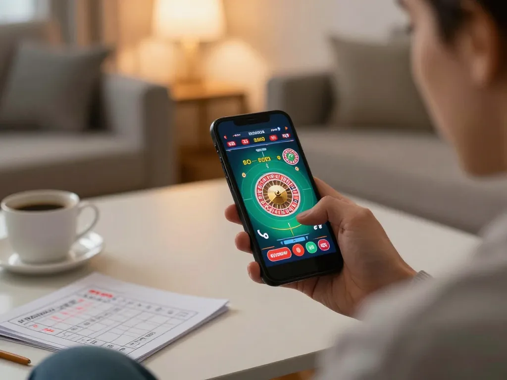 Permainan online yang menarik di alfa138 dengan smartphone yang menampilkan antarmuka roulette, sempurna untuk penjudi strategis