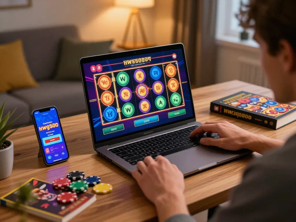Berinteraksi dengan permainan slot online hwg500 di laptop dalam suasana rumah yang nyaman