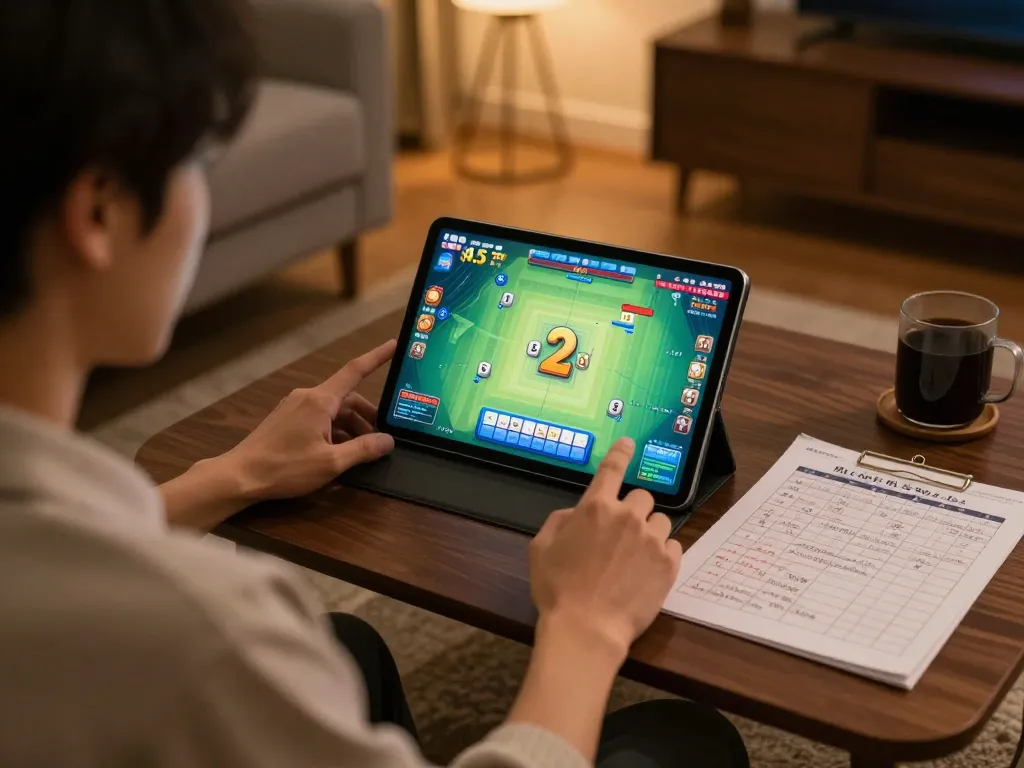 Terlibat dalam observasi pola digital mahjong ways 2 sambil menganalisis permainan di tablet.