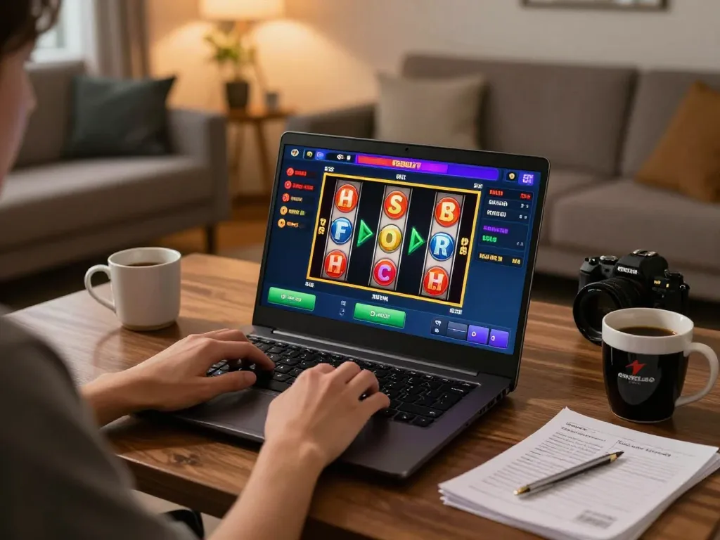 Suasana menarik seorang pemain menggunakan ONDEL4D untuk permainan slot online di laptop, dengan catatan strategi terlihat.