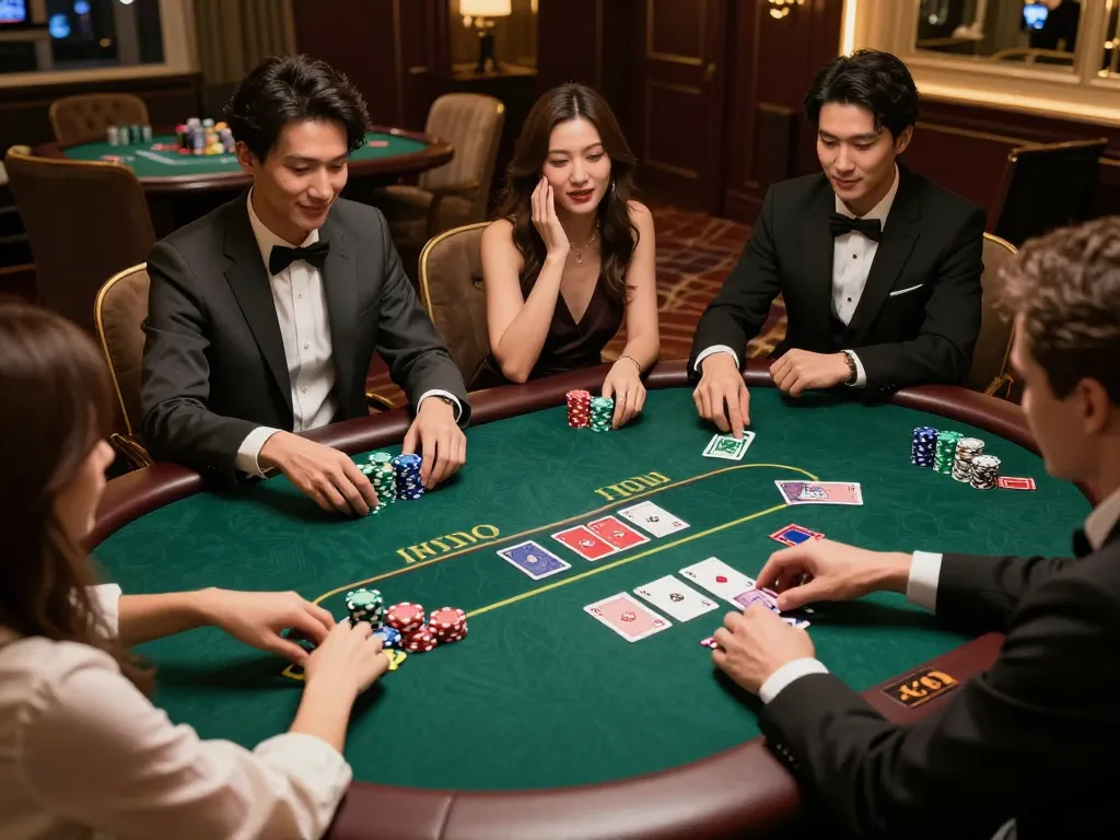Teman-teman sedang merumuskan strategi dalam permainan poker yang meriah di INDOSLOT88, menampilkan chip yang berwarna-warni dan permainan yang menarik.