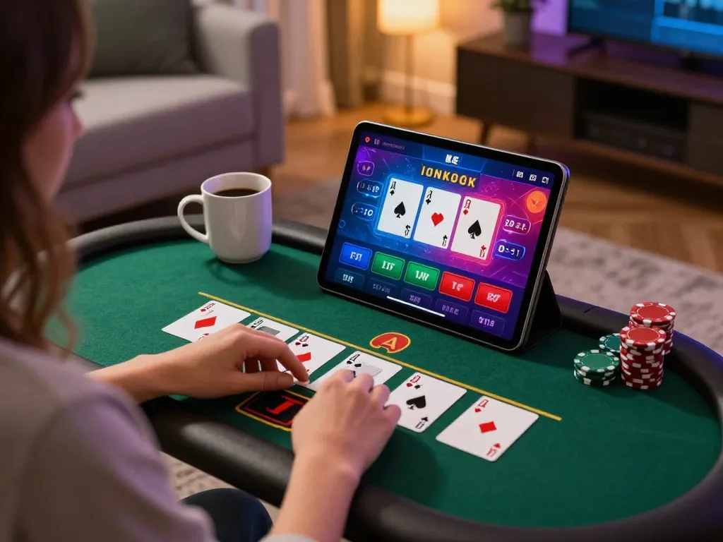 Player enjoying SC88 blackjack on a tablet in a cozy home setting, showcasing online gambling excitement.