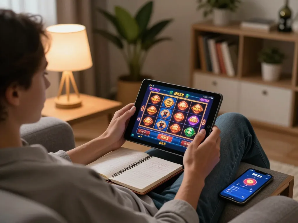Player enjoying BK33 slots on a tablet in a cozy home setting, showcasing responsible gaming.