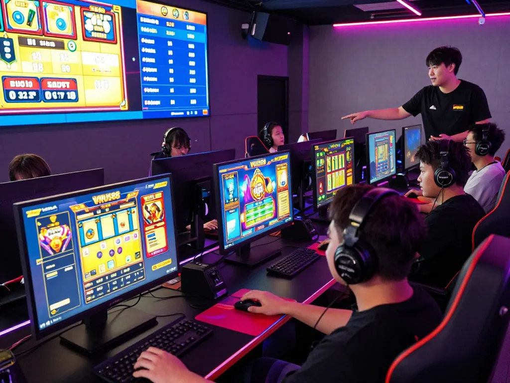 Pemain menikmati permainan slot online VIRUS88 di ruang permainan yang penuh warna, menampilkan suasana interaktif.