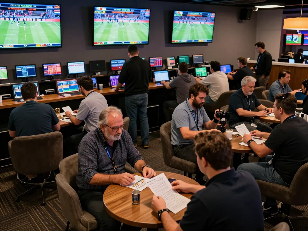 Tỷ lệ kèo nhà cái hôm nay displayed on large screens in a lively sports betting lounge, gamblers engaged with excitement