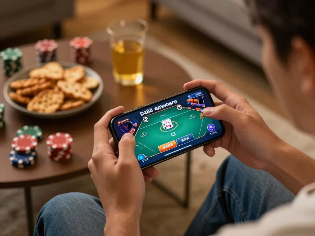 Engaging scene of a user playing da88 on a smartphone, highlighting online poker excitement with casual home setting.