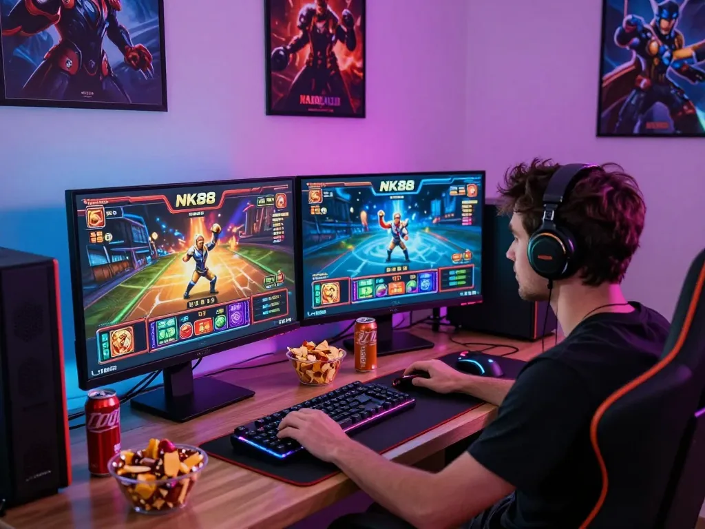 Exciting NK88 online gaming setup featuring vibrant dual screens and gaming peripherals.