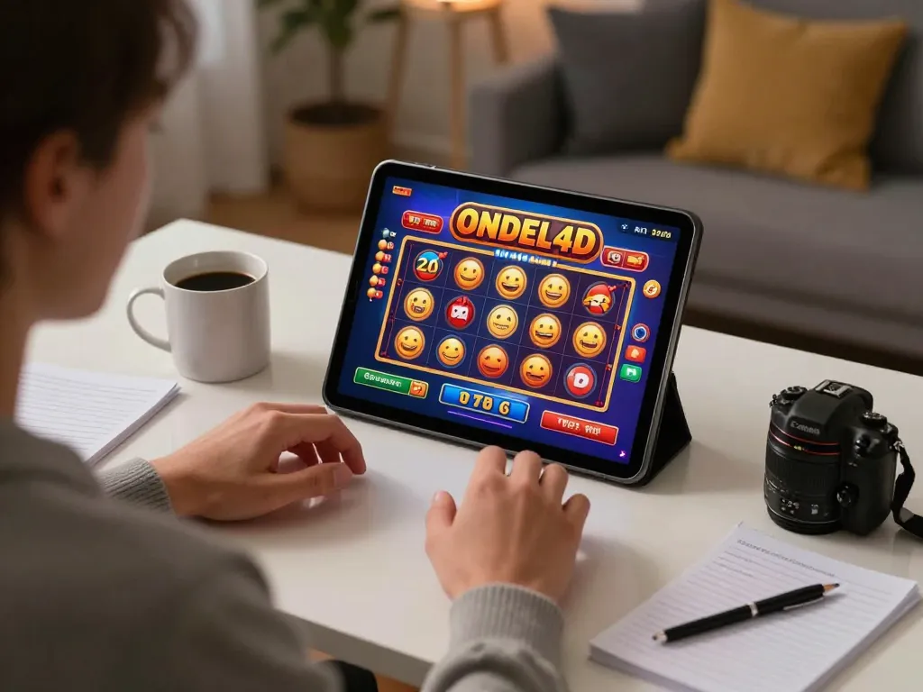 Permainan yang menarik dengan antarmuka slot ONDEL4D ditampilkan di tablet dalam suasana rumah yang nyaman.