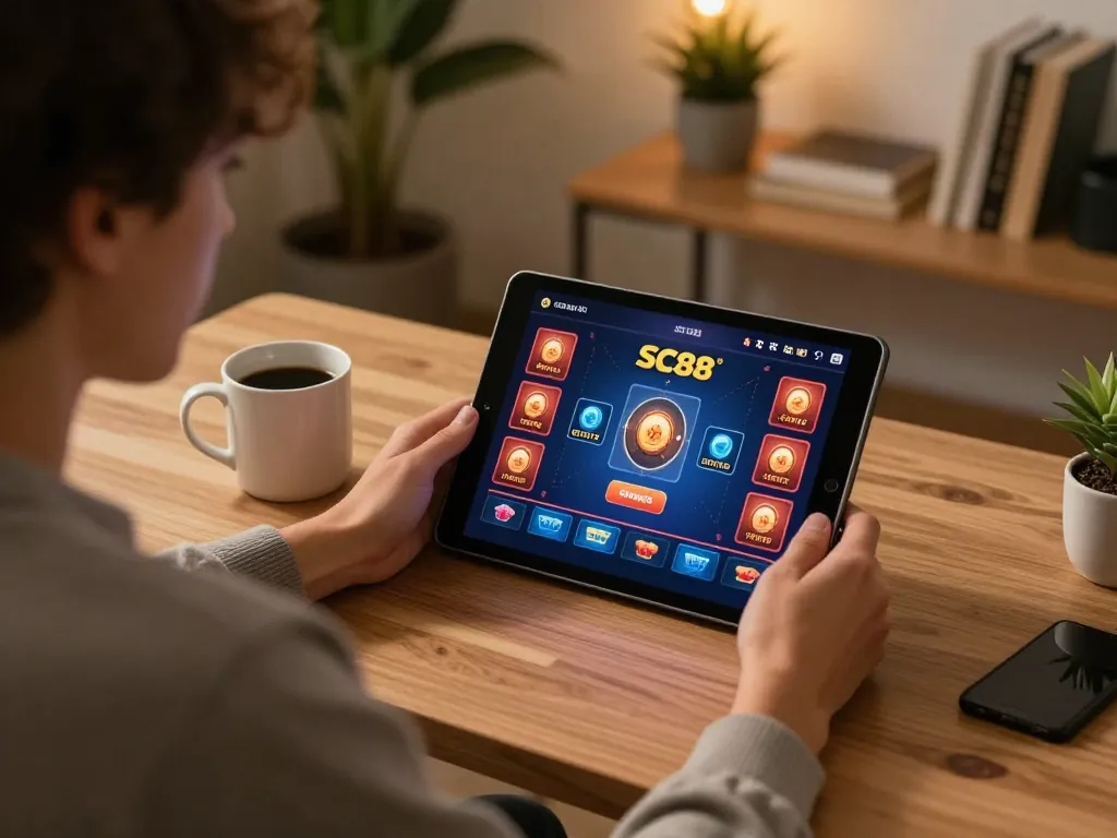 Engaging scene of a player using the SC88 app for online gambling in a cozy home office.