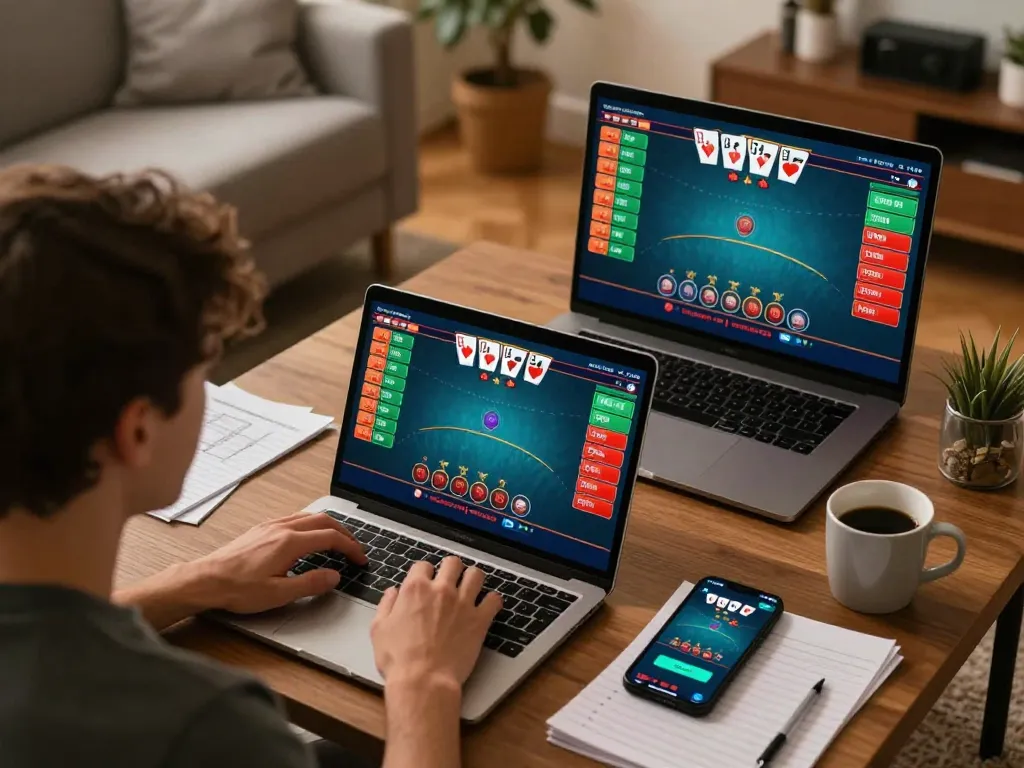 Engaged player enjoying the features of 78win poker on multiple devices at home.