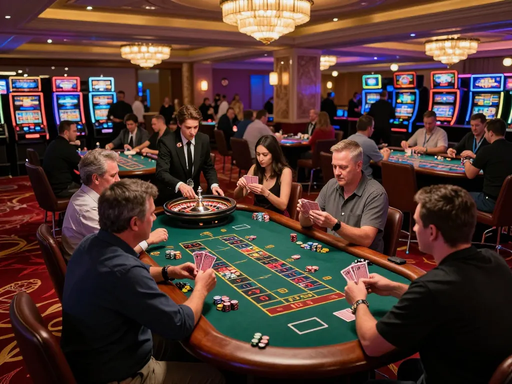 Players enjoying SHBET casino games with roulette and blackjack at an upscale casino floor.