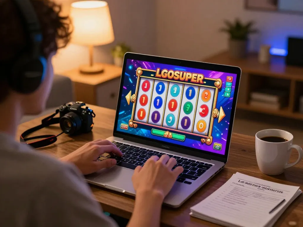 Player enjoying LGOSUPER slot game in a cozy home setting, showcasing engaging gameplay.