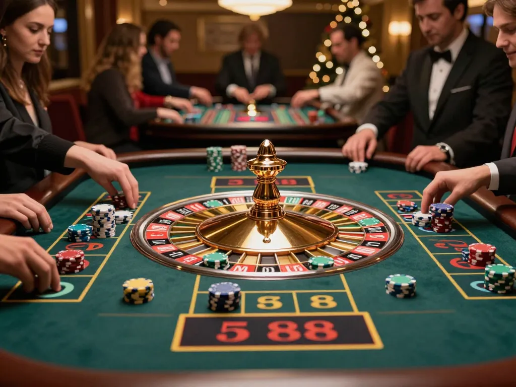 Players engaging at a luxurious roulette table in five 88, capturing the thrill of high-stakes gameplay.