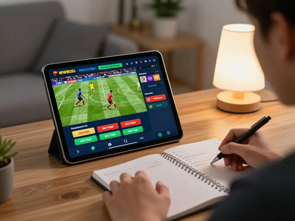 Main WWBola Deposit Qris Tanpa Potongan displayed on a tablet during online betting session at home.
