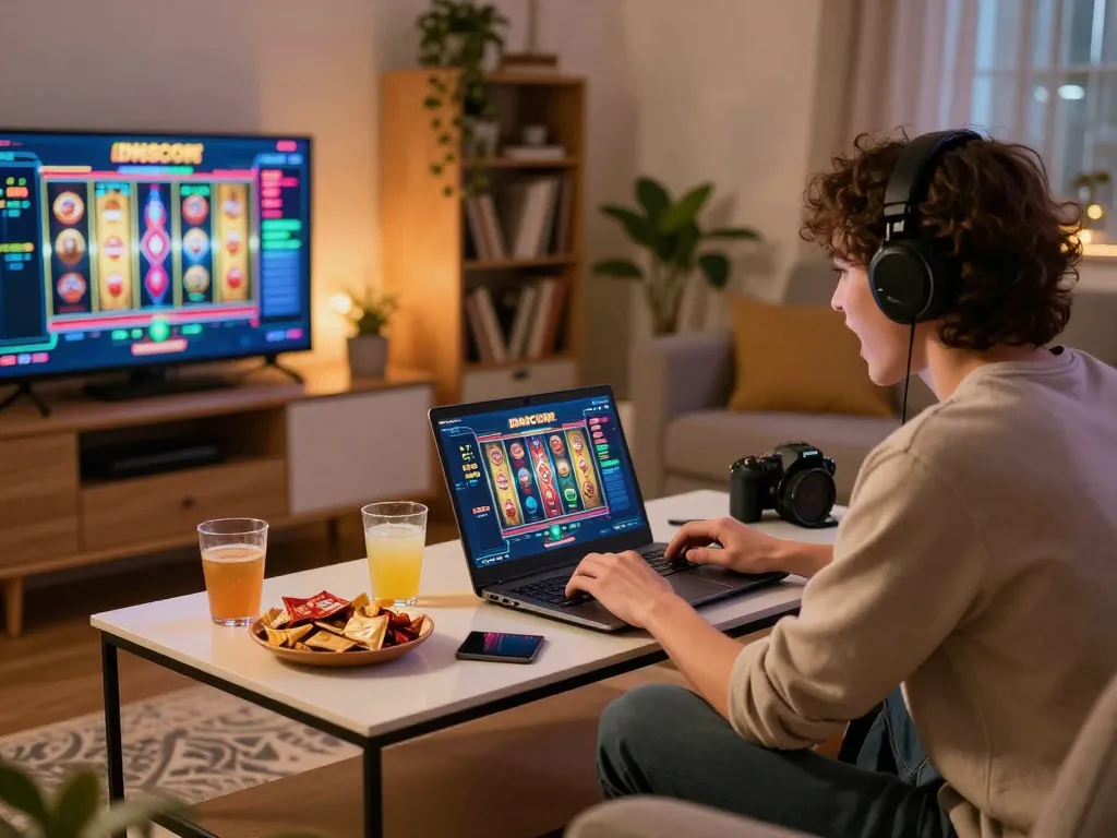 IDNSCORE online gaming session with player focused on exciting slot action and cozy home atmosphere