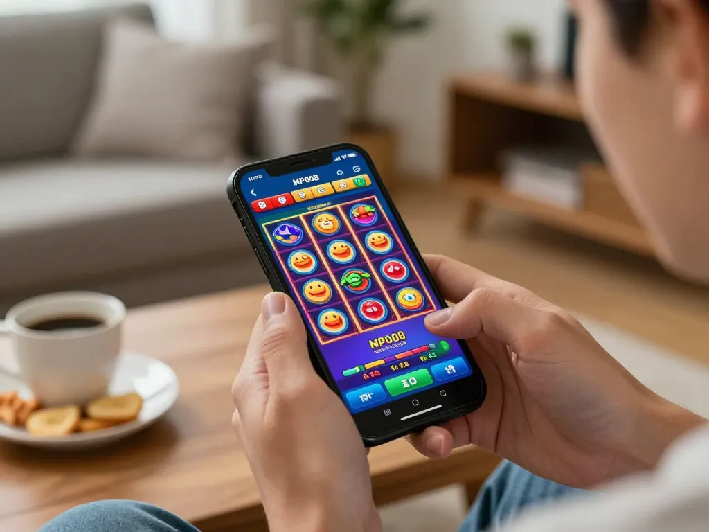 MPO08 gaming session on smartphone showing colorful slot game with snacks and drinks nearby.