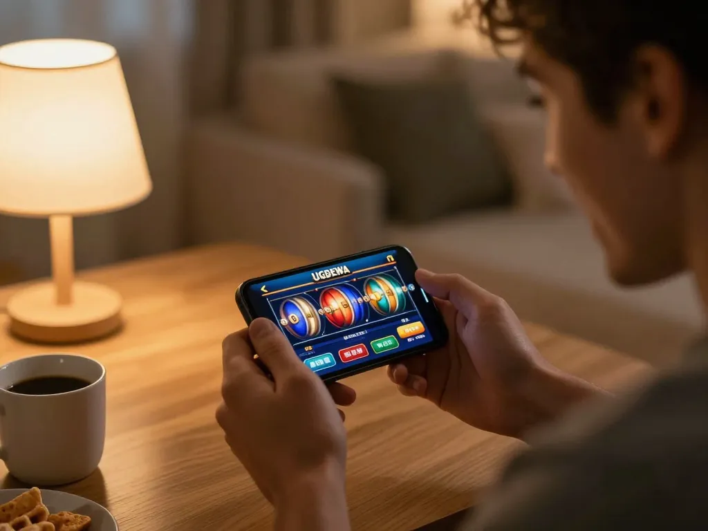 Engaging with UGDEWA app, excited player spins reels on smartphone in cozy home environment.