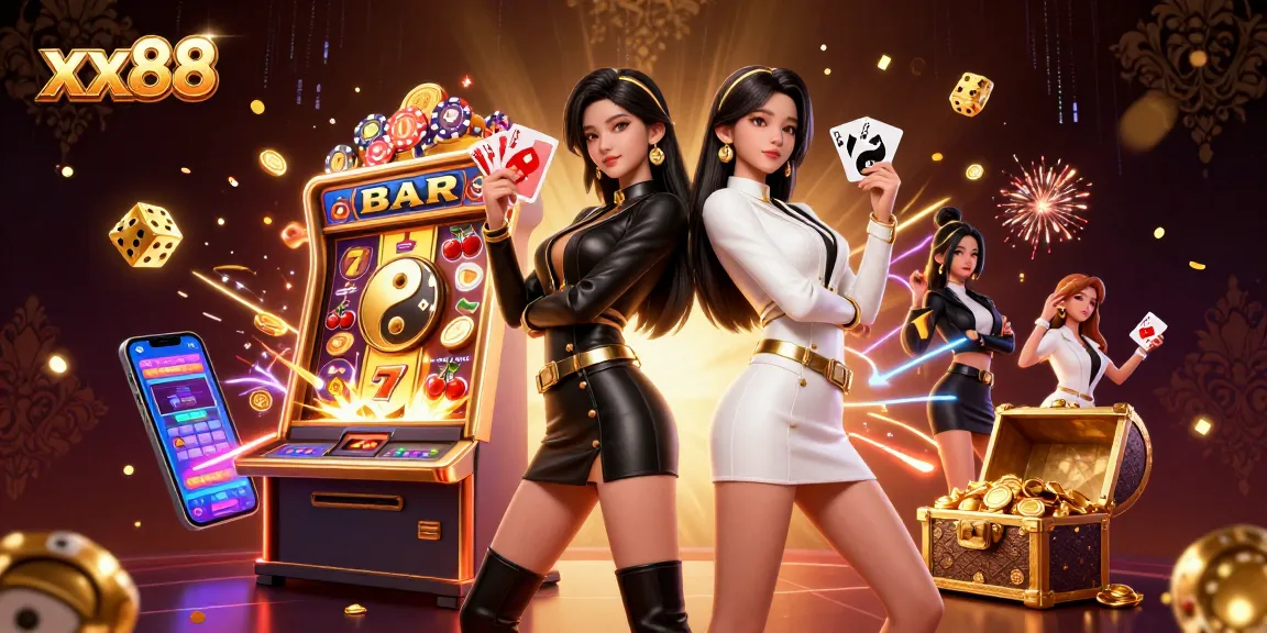 Engage with the vibrant gaming atmosphere at xx88, featuring dynamic twin dealers with cards amidst spectacular slot machine action.