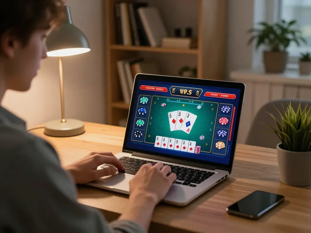 Engaging in strategic play at nhà cái u888 during an online poker game in a cozy home office.