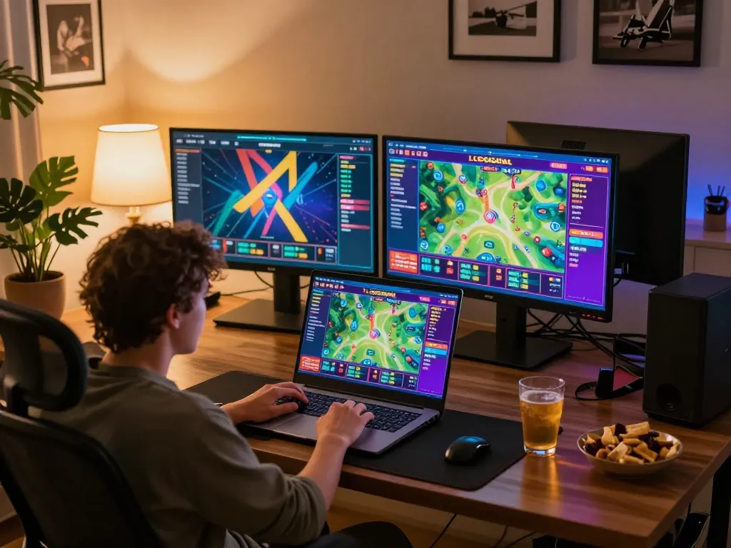 Engaging in LGOGOAL online gaming from a cozy home setup with laptop.