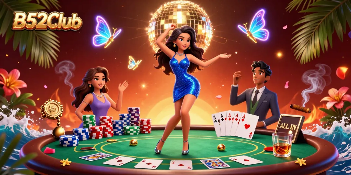 B52Club gamers enjoying a lively poker scene with vibrant 3D elements and golden accents.