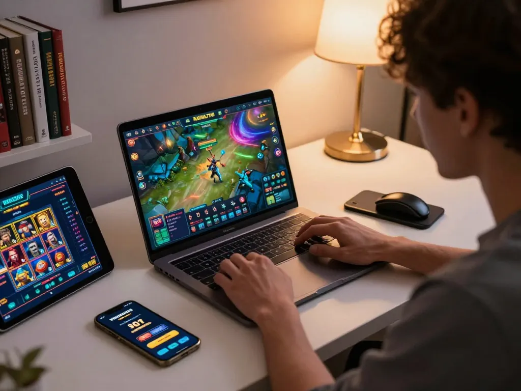 KADAL778 player engaged in online gaming at home with laptop and tablet showing slots action.