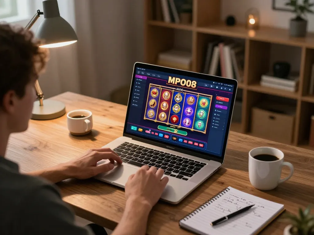 MPO08 player engaged in online gaming at home, showcasing vibrant interface and strategic setup for better odds