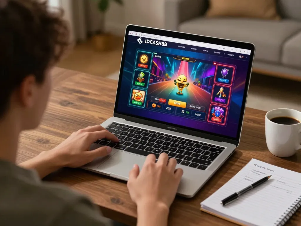 Experience gameplay on IDCASH88 with a user enjoying online casino action at home.