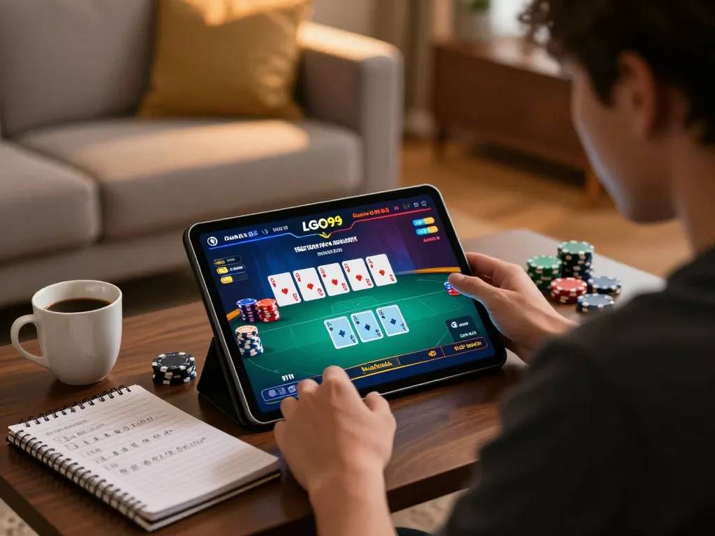 LGO99 Situs Game Online Terpercaya Di INDONESIA poker game scene with player engaged on tablet.