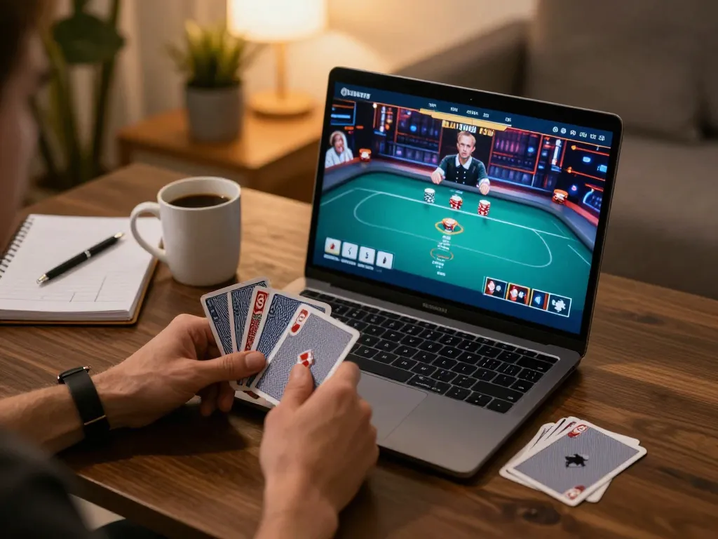 Player strategizing for game doi thuong while enjoying an online poker game at home.