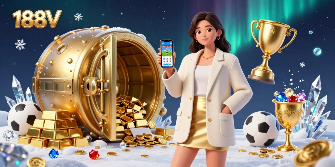 Experience thrilling bets at 188V with a beautiful Asian woman showcasing a sports betting app, gold coins surrounding her.