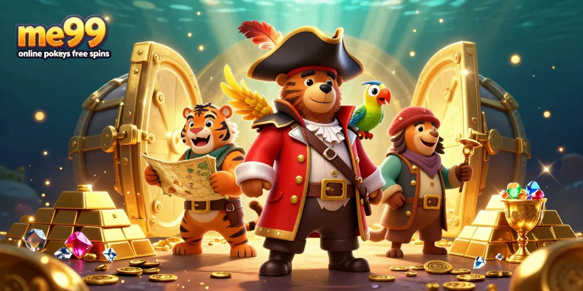 Spin to win with me99 online pokies free spins, featuring vibrant casino characters and treasures.