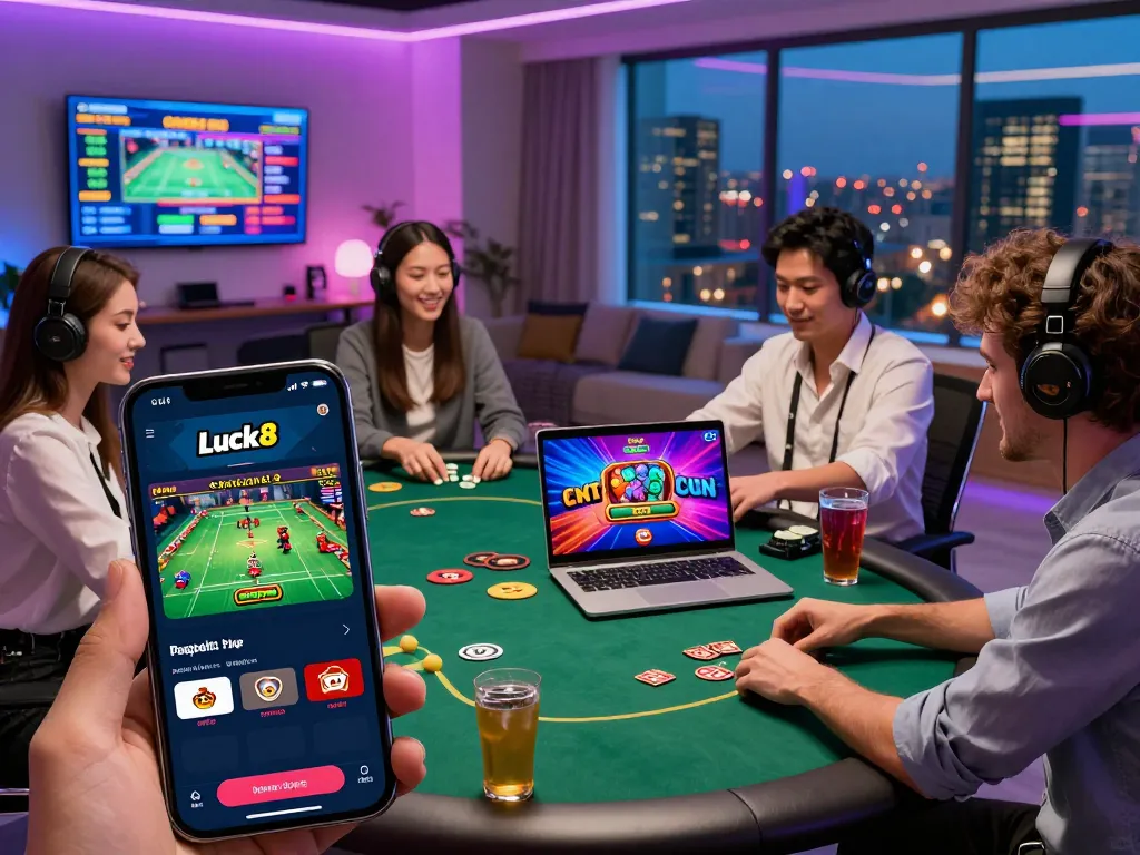 Engaged gamers using Luck8 app for online betting in vibrant home office, showcasing dynamic digital casino atmosphere.
