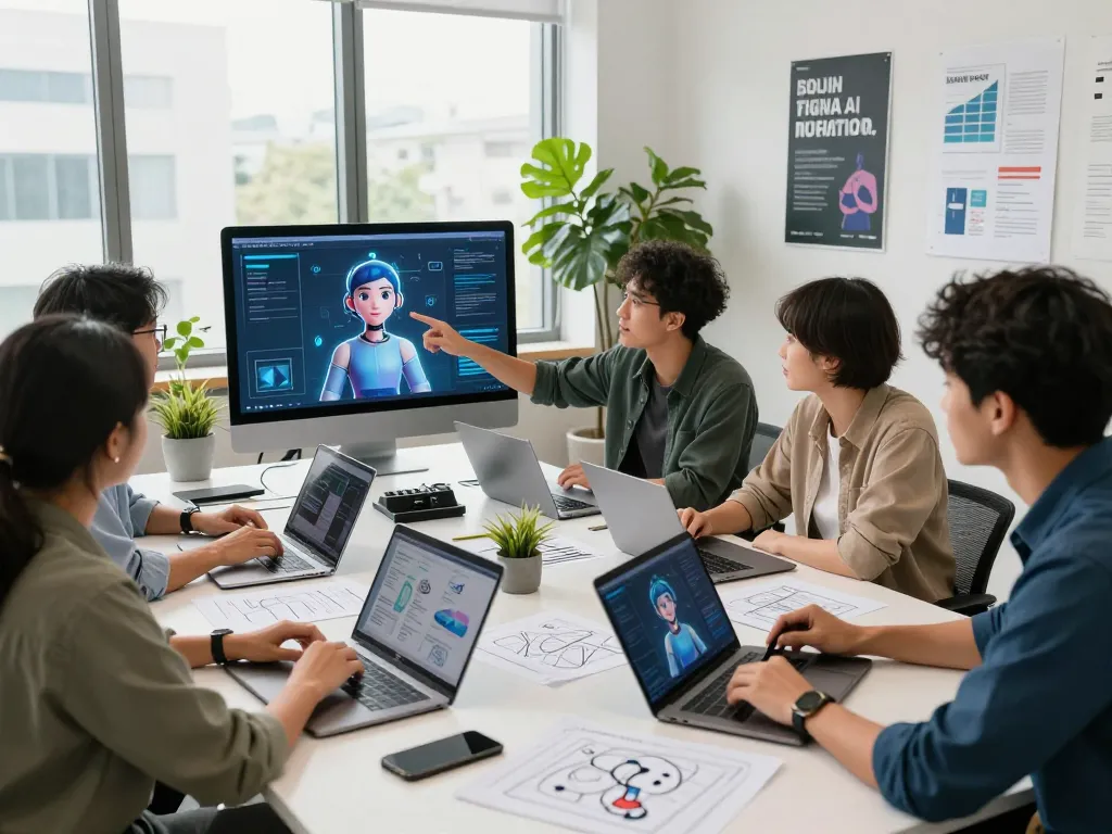 Innovative team discussing AI character designs for crushonai in a bright modern office.