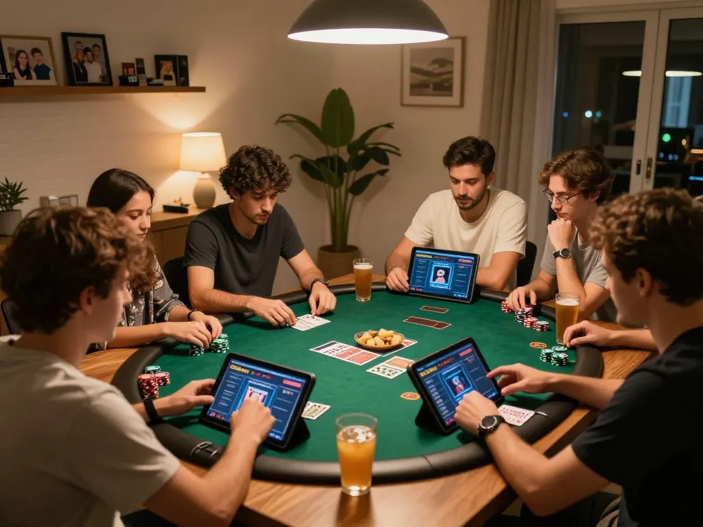 Engaging group playing poker on Hitclub app during home game night with warm lighting.
