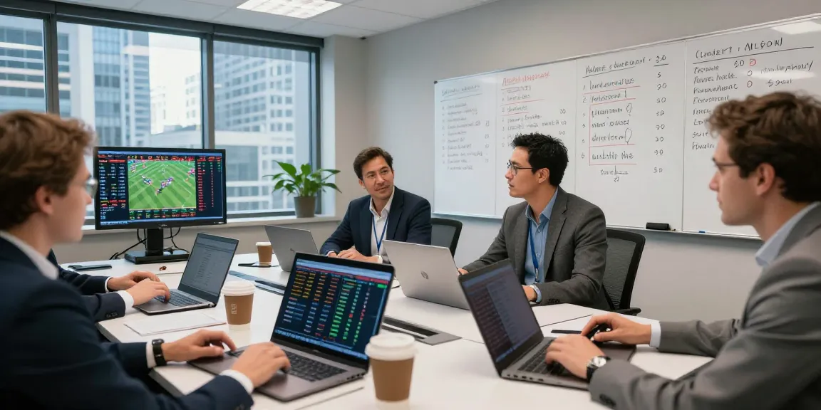 Soi kèo nhà cái analysis with sports analysts discussing betting strategies in a modern office.