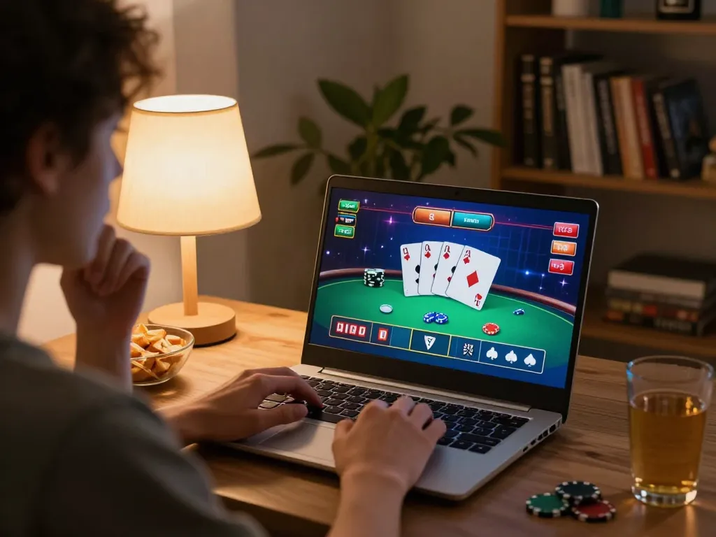 Nego77 online gaming setup with a player focused on virtual poker cards and strategies.