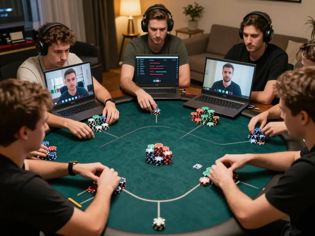 Players strategizing in an online poker game at manclub, showcasing intense focus and strategic gameplay.