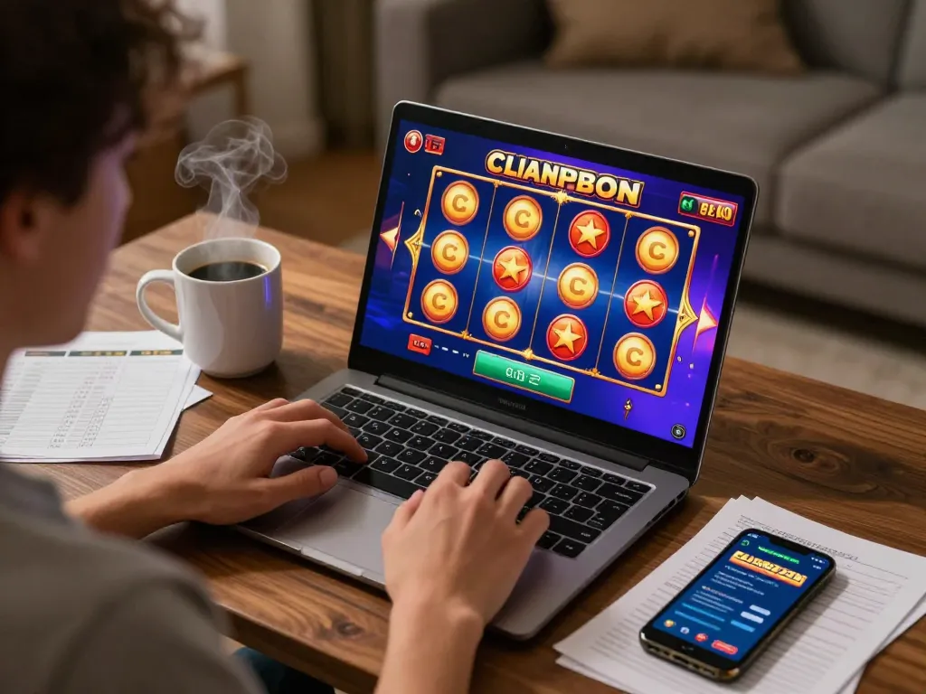 Nego77 player engaging with dynamic online slot game on laptop in cozy home setting