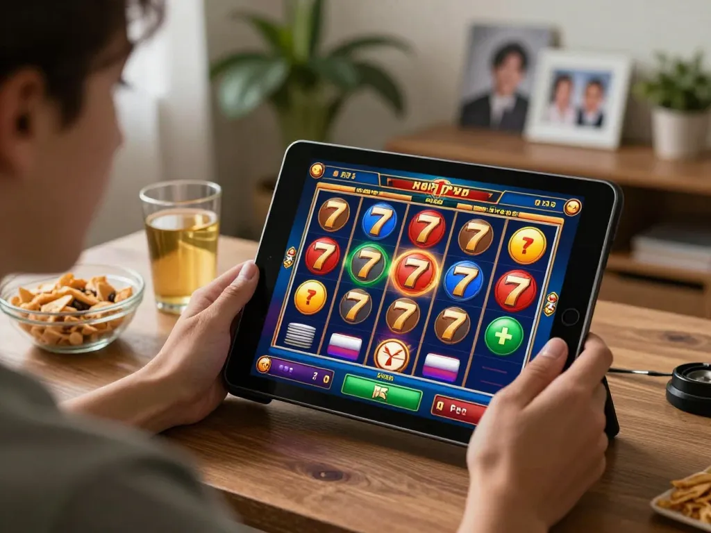 Pemain mengalami aksi slot777 yang mendebarkan di tablet dalam suasana rumah yang nyaman.