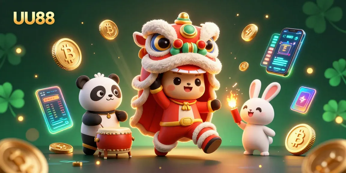 Engage with UU88's vibrant casino atmosphere showcasing a festive lion dance amidst crypto elements.